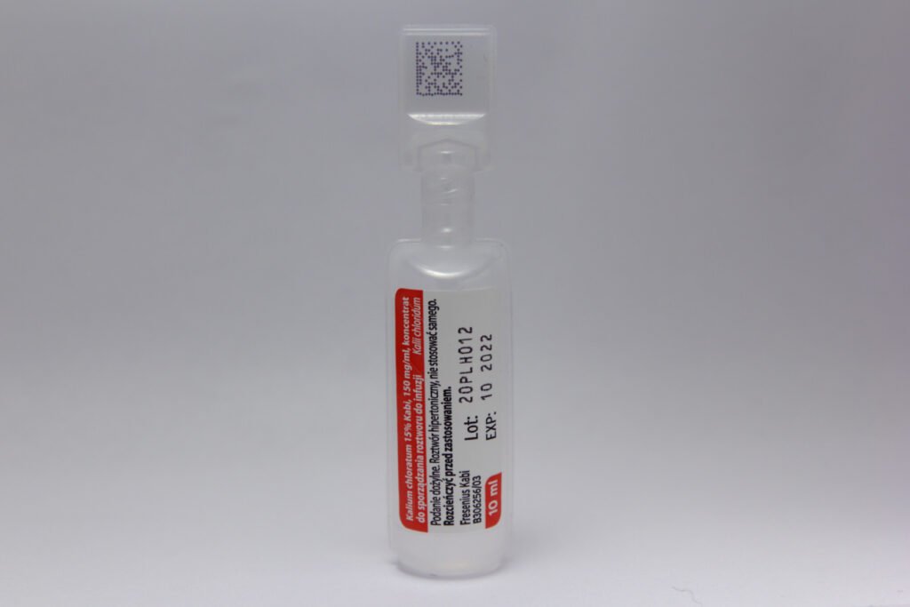 Photograph of a potassium chloride concentrate ampule labeled 15%, 150 mg/mL, 10 mL.